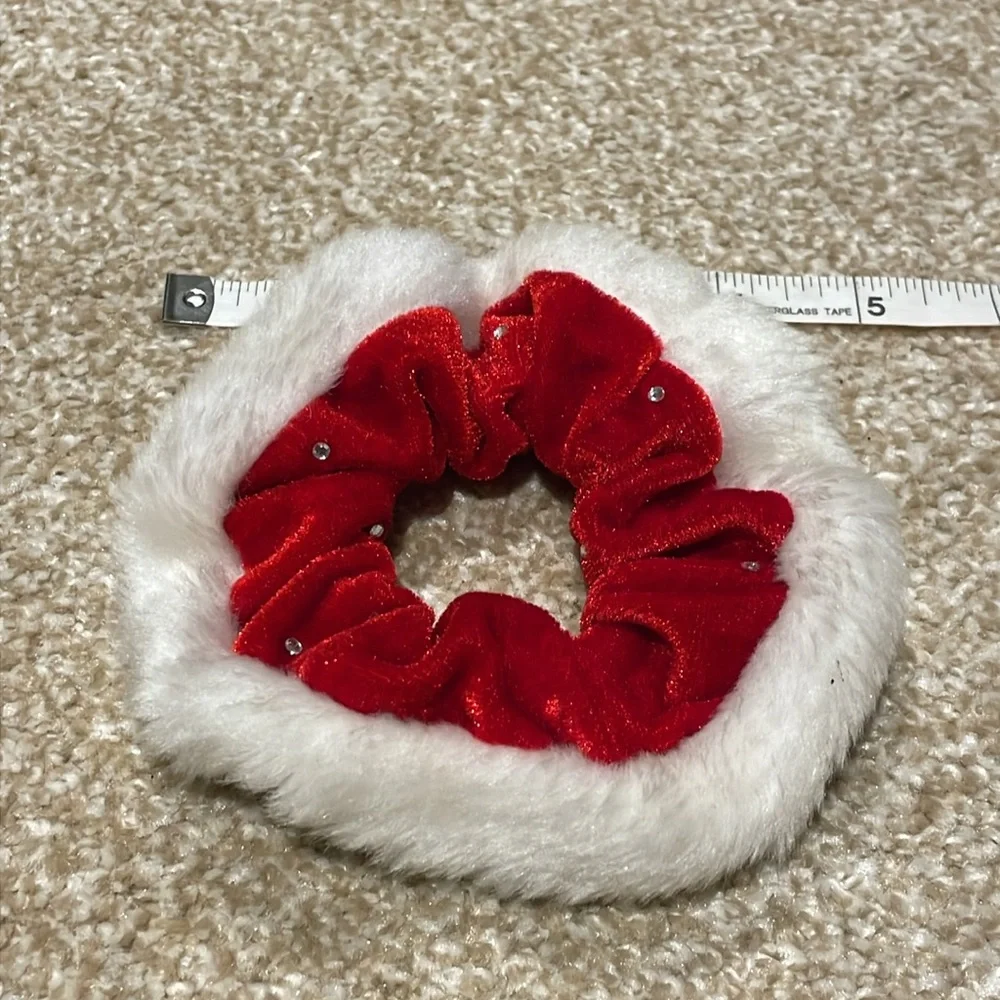 Red & White Santa Claus / Mrs. Claus Velvet Fur Trim Scrunchie With Rhinestones